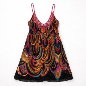 Boho Beaded Sequin Peacock Print Mini Dress Sunset Spring Beach Cruise Festival